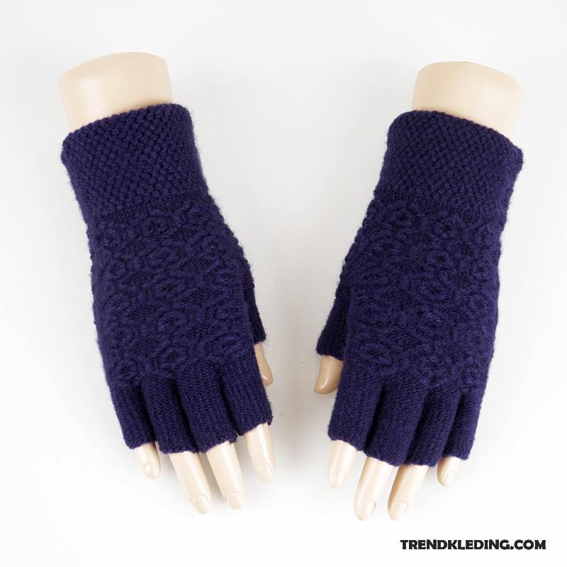 Handschoenen Dames Halve Vinger Breien Wollen Schattig Winter Student Donkerblauw