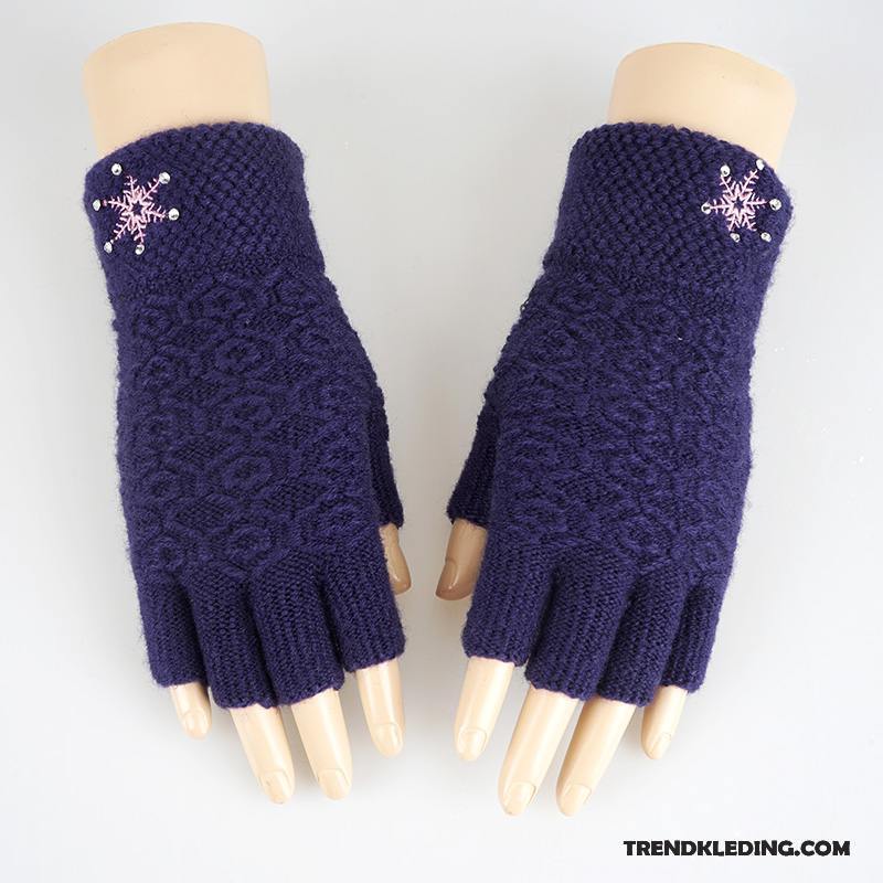 Handschoenen Dames Halve Vinger Breien Wollen Schattig Winter Student Donkerblauw