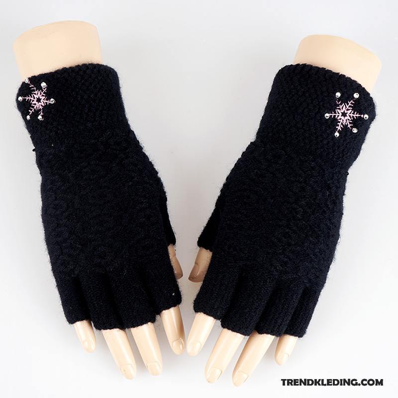 Handschoenen Dames Halve Vinger Breien Wollen Schattig Winter Student Donkerblauw