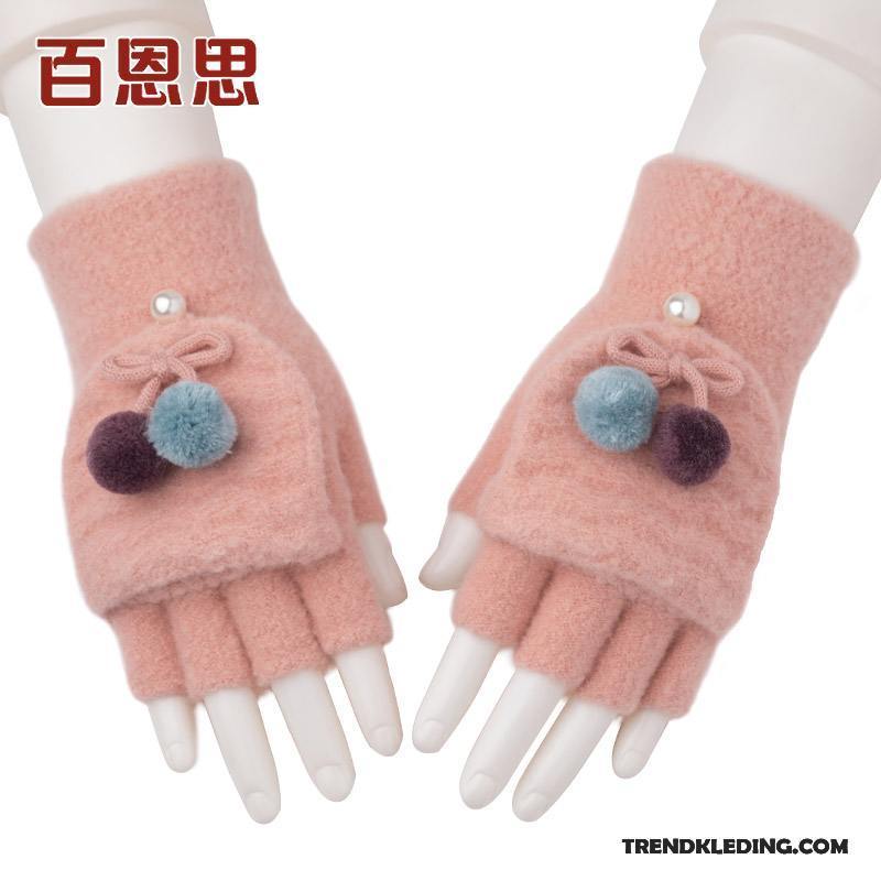 Handschoenen Dames Herfst Halve Vinger Winter Student Breien Wollen Roze