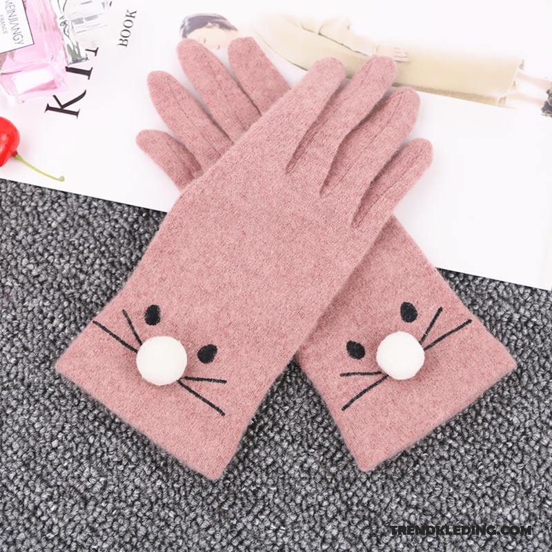 Handschoenen Dames Herfst Vijf Vingers Winter Kat Wol Schattig Rood