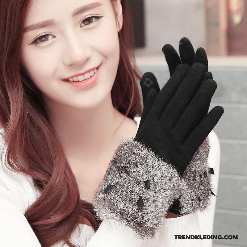 Handschoenen Dames Konijnenbont Mode Vlinderdas Blijf Warm Dun Winter Roze
