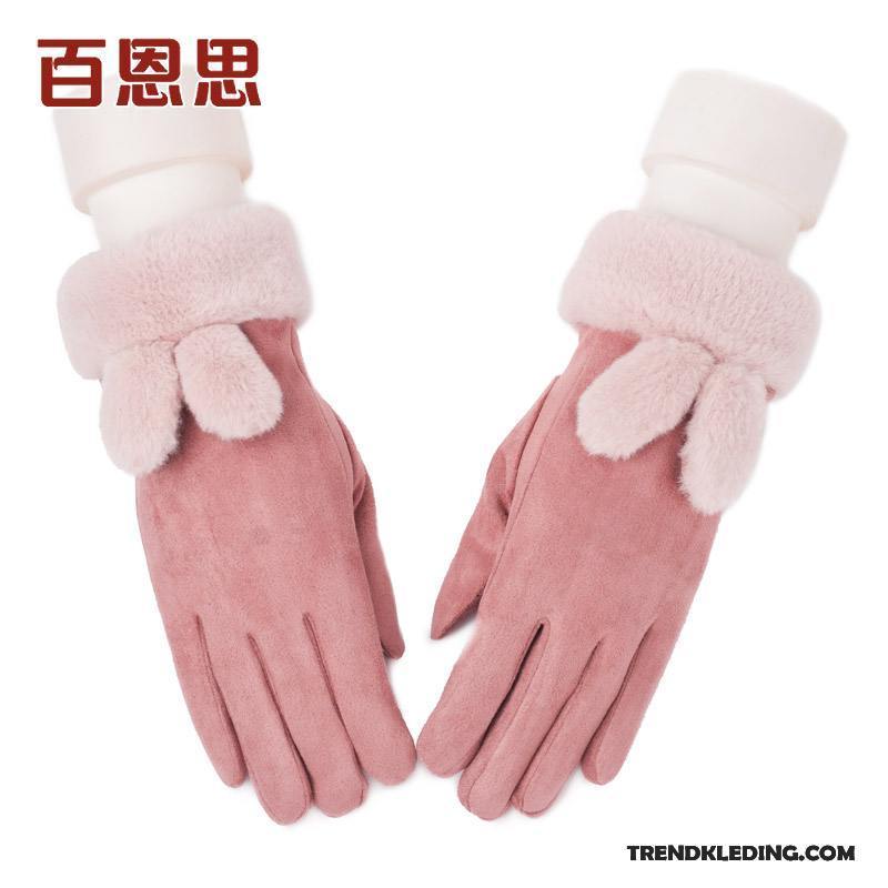 Handschoenen Dames Pluche Verdikken Winter Blijf Warm Schattig Vijf Vingers Roze