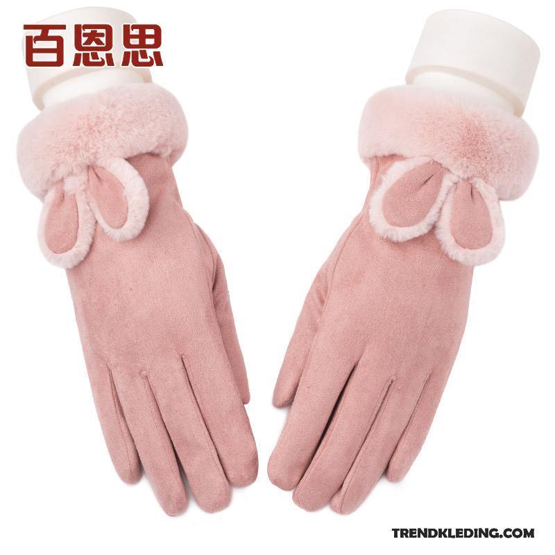 Handschoenen Dames Pluche Verdikken Winter Blijf Warm Schattig Vijf Vingers Roze