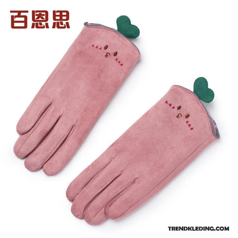 Handschoenen Dames Pluche Verdikken Winter Blijf Warm Schattig Vijf Vingers Roze