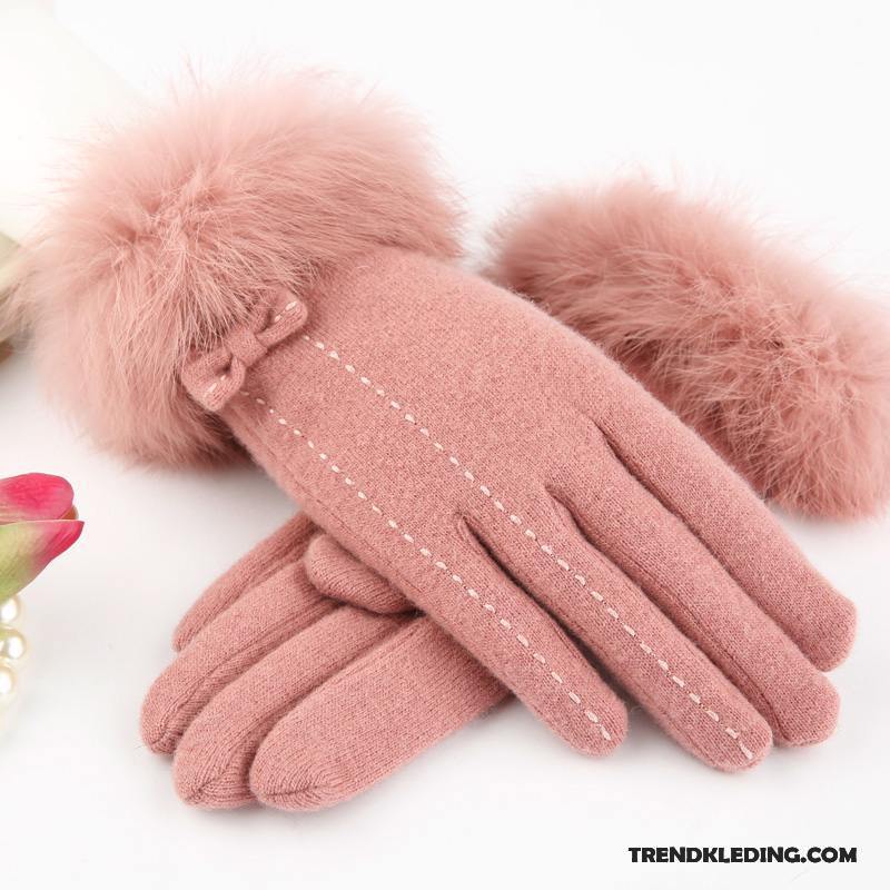 Handschoenen Dames Pluche Winter Verdikken Konijnenbont Doek Autorijden Roze