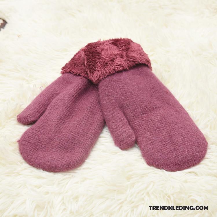 Handschoenen Dames Winter Pluche Verdikken Konijnenbont Wol Blijf Warm Effen Kleur Rood