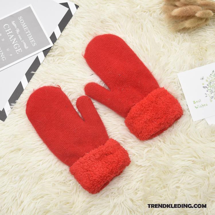 Handschoenen Dames Winter Pluche Verdikken Konijnenbont Wol Blijf Warm Effen Kleur Rood