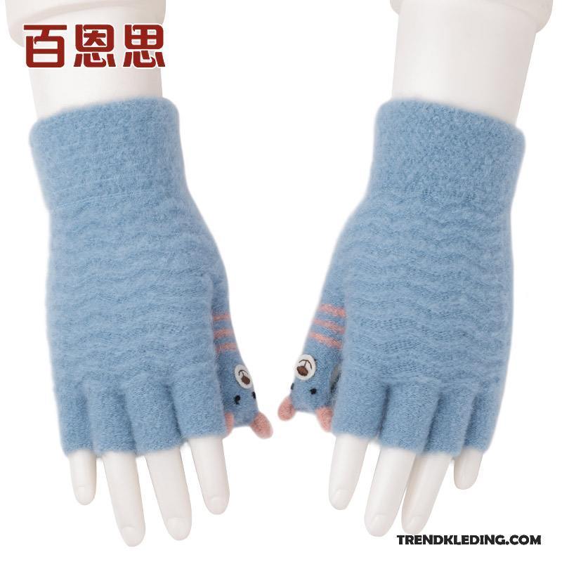 Handschoenen Dames Winter Student Halve Vinger Wollen Schattig Blijf Warm Donkerblauw