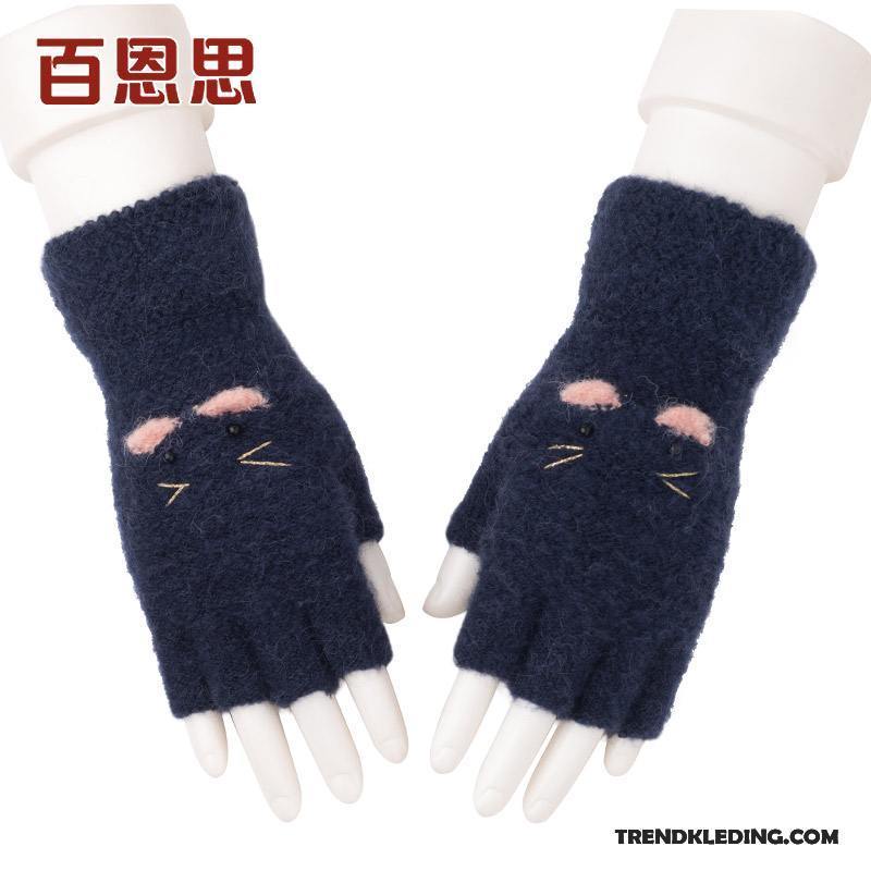 Handschoenen Dames Winter Student Halve Vinger Wollen Schattig Blijf Warm Donkerblauw