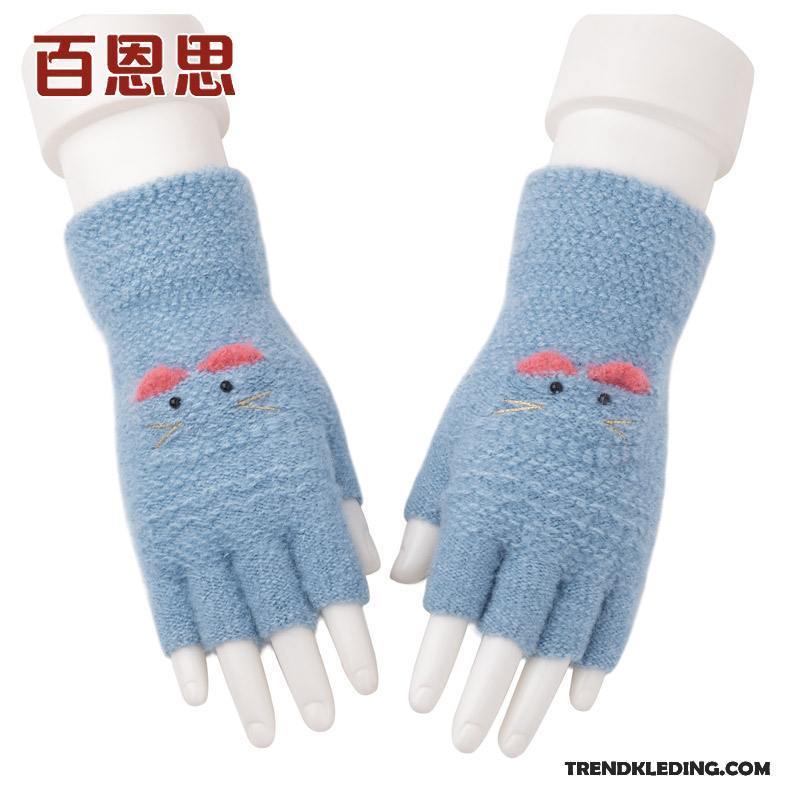 Handschoenen Dames Winter Student Halve Vinger Wollen Schattig Blijf Warm Donkerblauw