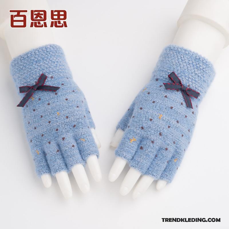 Handschoenen Dames Winter Student Halve Vinger Wollen Schattig Blijf Warm Donkerblauw