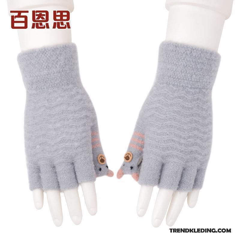 Handschoenen Dames Winter Student Halve Vinger Wollen Schattig Blijf Warm Donkerblauw