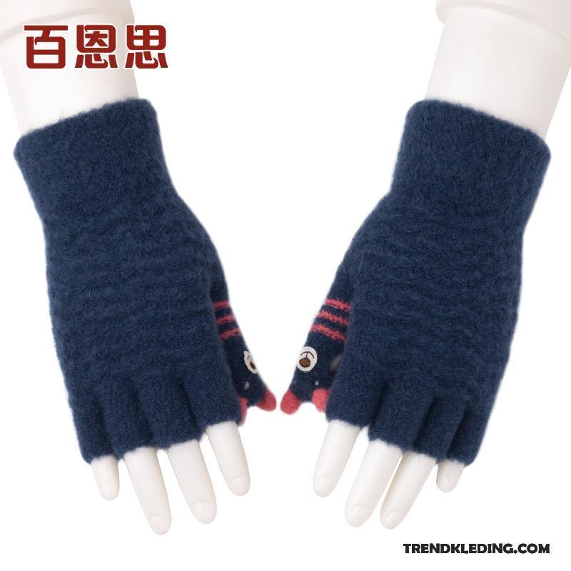 Handschoenen Dames Winter Student Halve Vinger Wollen Schattig Blijf Warm Donkerblauw