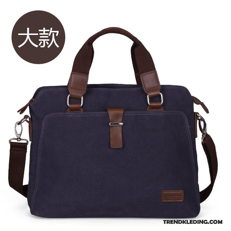 Handtas Heren Schoudertas 14 Inch Business Messenger Tas Casual Canvas Donkerblauw