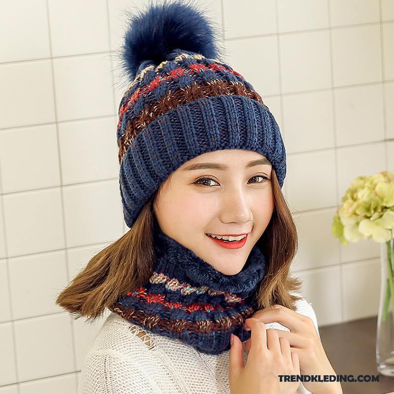 Hoed Dames Breien Muts Blijf Warm Wollen Muts Slabbetje Pompom Pluche Gemengde Kleuren Beige