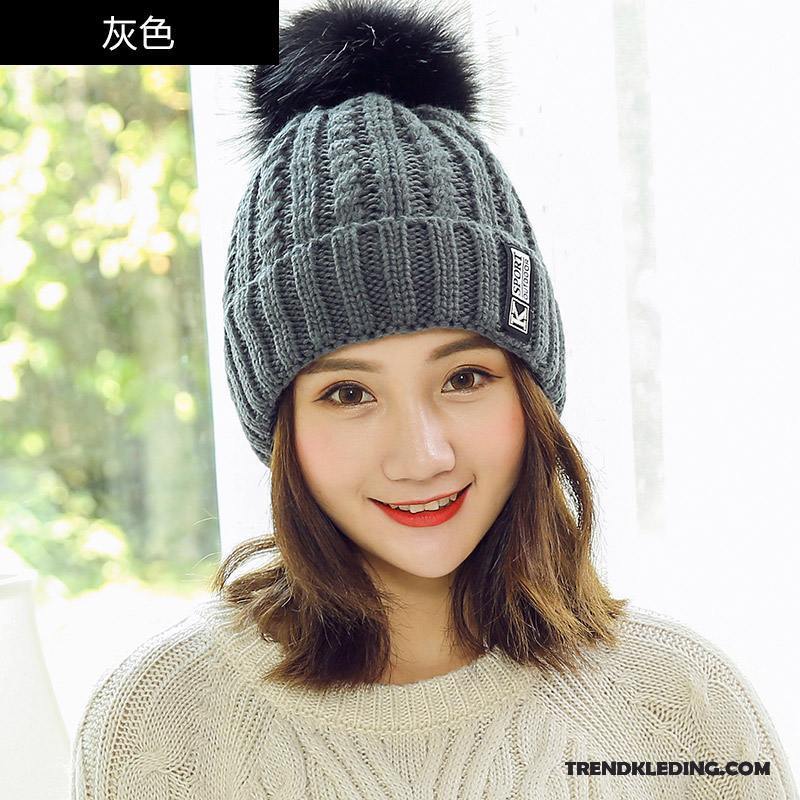 Hoed Dames Herfst Winter Breien Muts Trend Pompom Gehoorbescherming Kleur