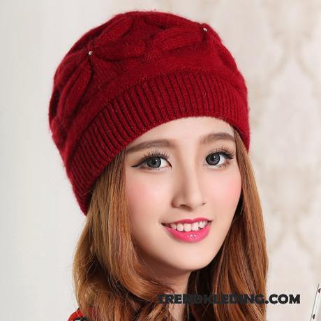 Hoed Dames Mode Herfst Breien Muts Pluche Blijf Warm Winter Rood