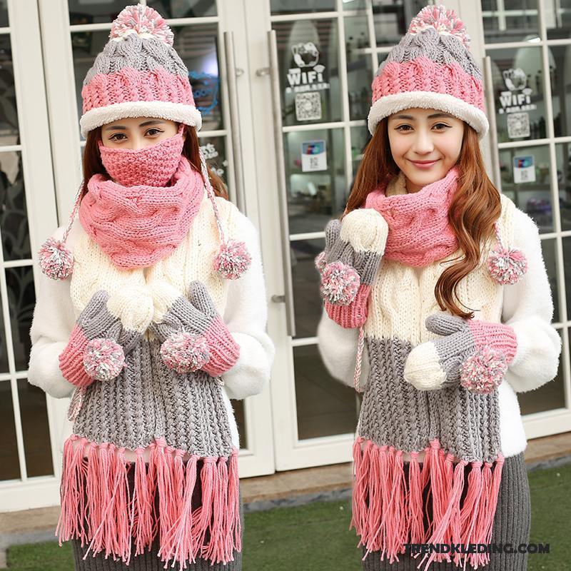 Hoed Dames Trend Zoet Winter Sjaal Wollen Muts Schattig Roze Wit Grijs