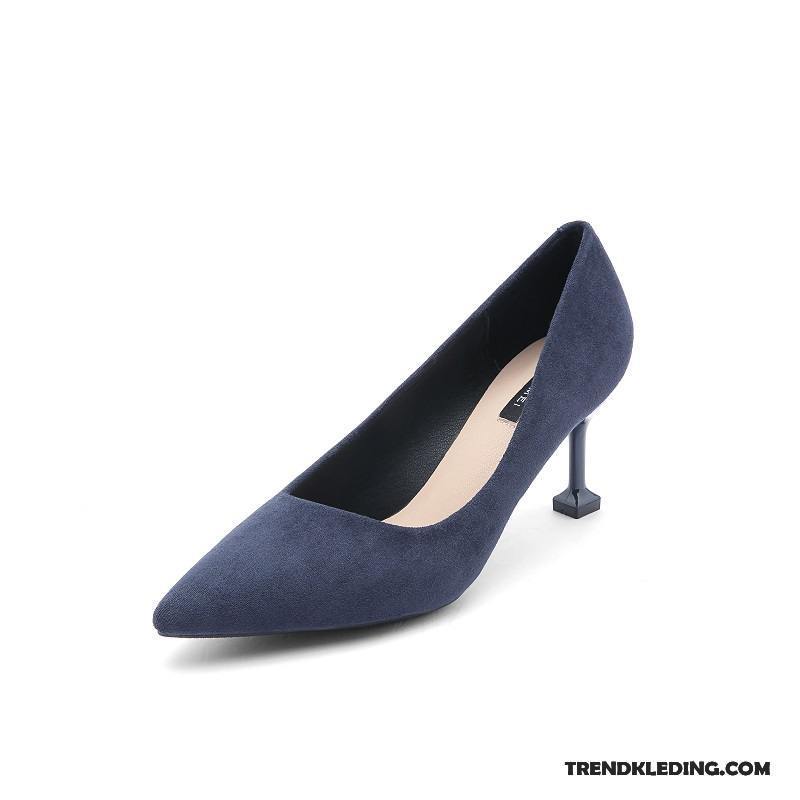 Hoge Hakken Dames Punt Schoenen Werk Dunne Suede Winter Donkerblauw Zwart