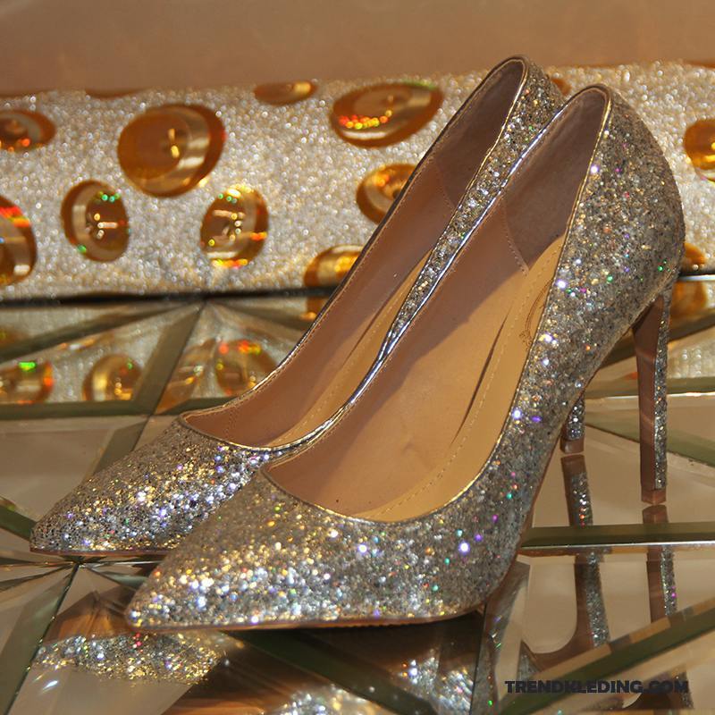 Hoge Hakken Dames Trouwschoenen Pumps Vrouwen Pailletten Zilver Goud