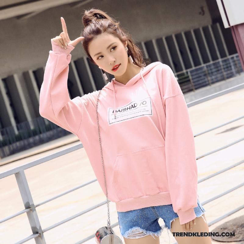 Hoodie Dames Voorjaar Dunne Student Lange Mouwen Losse Jas Roze Zwart