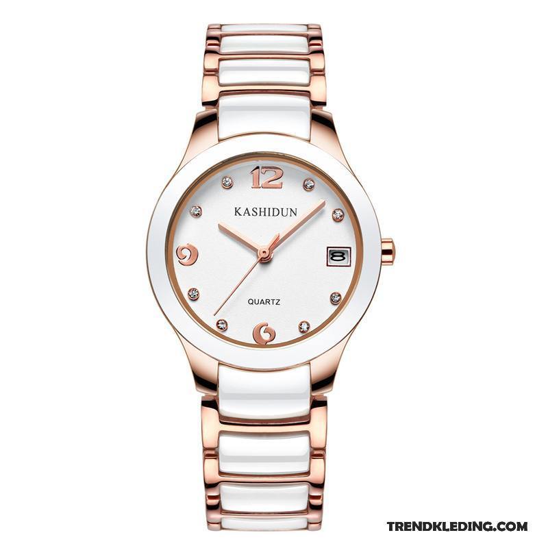 Horloge Dames Trend Waterdicht Strass Quartz Horloge Roestvrij Staal Keramiek Roze Wit Goud