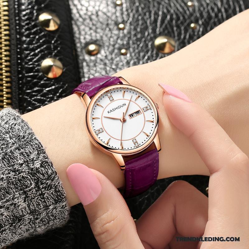 Horloge Dames Waterdicht Dubbele Kalender Riem Trend Student Casual Roze Rood Wit Gouden