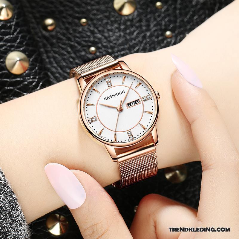 Horloge Dames Waterdicht Dubbele Kalender Riem Trend Student Casual Roze Rood Wit Gouden