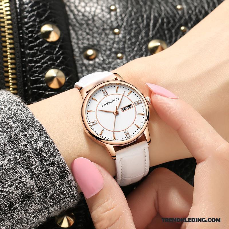 Horloge Dames Waterdicht Dubbele Kalender Riem Trend Student Casual Roze Rood Wit Gouden