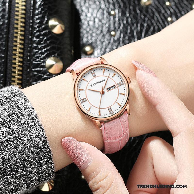 Horloge Dames Waterdicht Dubbele Kalender Riem Trend Student Casual Roze Rood Wit Gouden