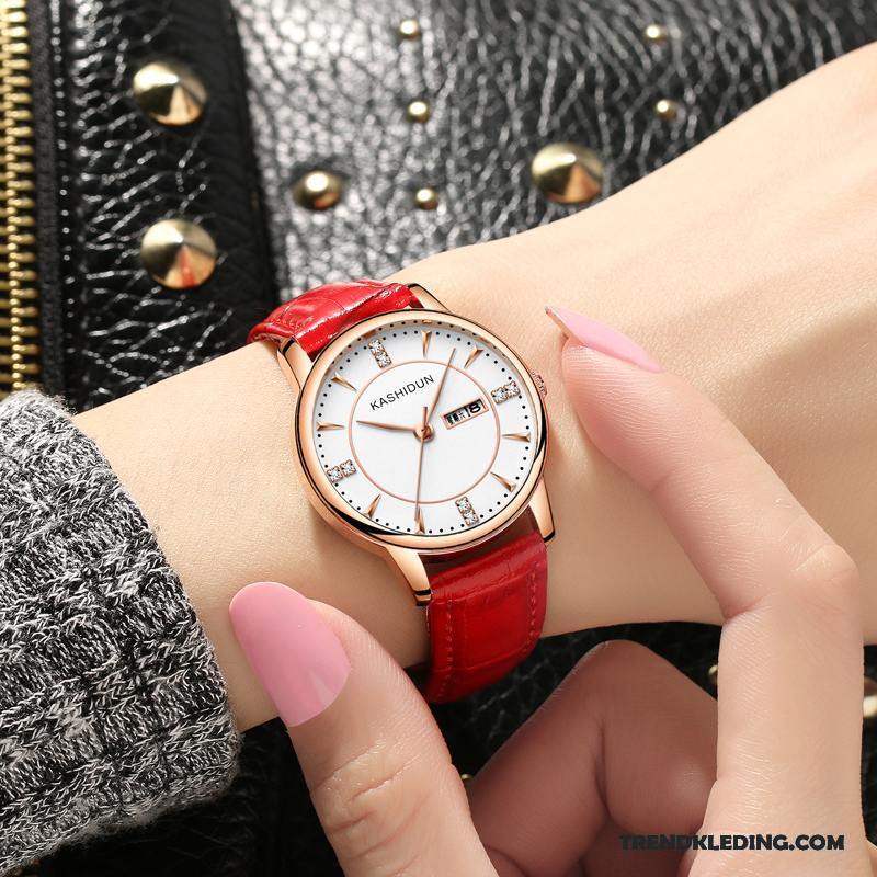 Horloge Dames Waterdicht Dubbele Kalender Riem Trend Student Casual Roze Rood Wit Gouden