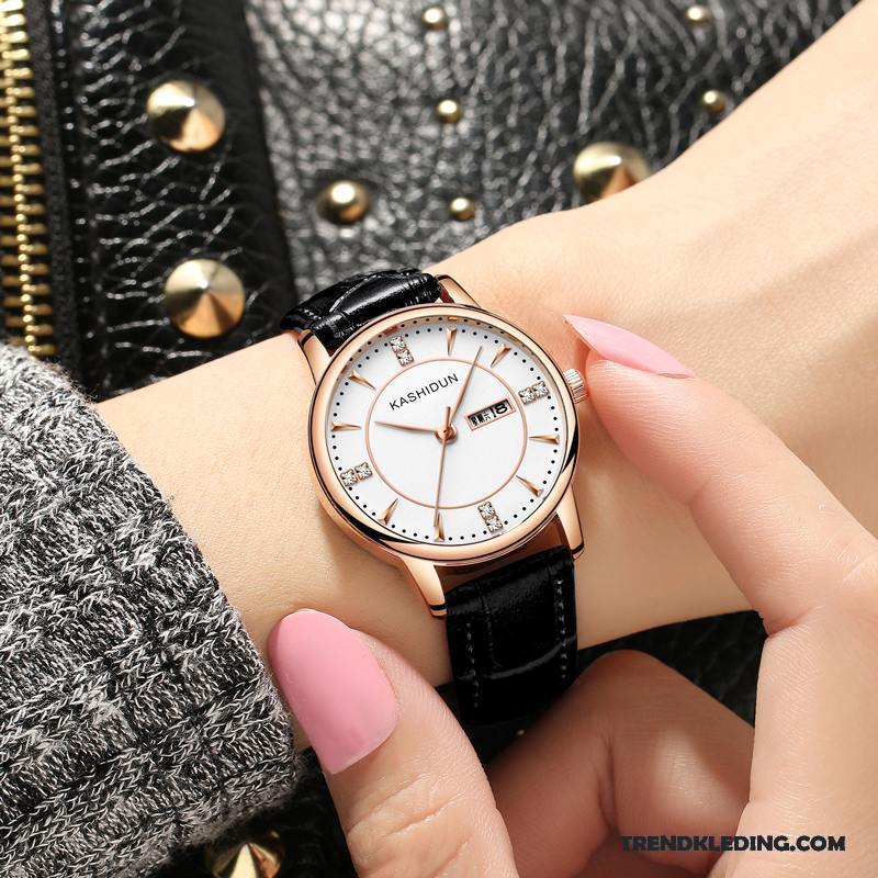 Horloge Dames Waterdicht Dubbele Kalender Riem Trend Student Casual Roze Rood Wit Gouden