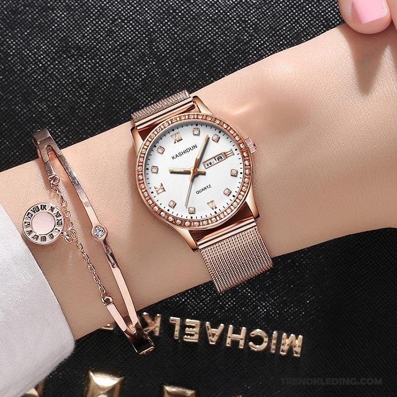 Horloge Dames Waterdicht Quartz Horloge Mode Dubbele Kalender Casual Student Roze Purper Wit Goud