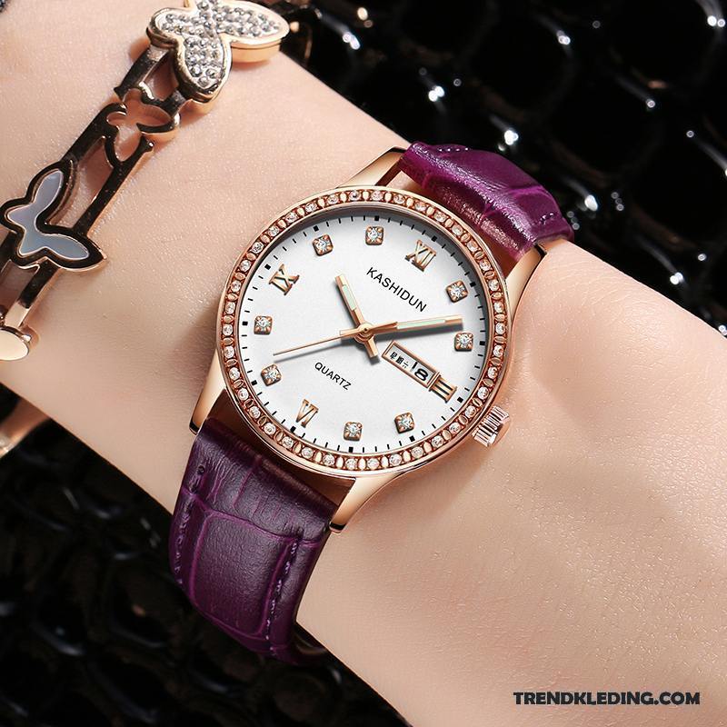 Horloge Dames Waterdicht Quartz Horloge Mode Dubbele Kalender Casual Student Roze Purper Wit Goud