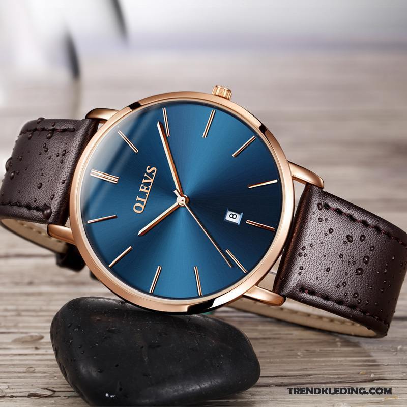 Horloge Heren Dun Waterdicht Kalender Leer Lovers Echte Blauw Zwart