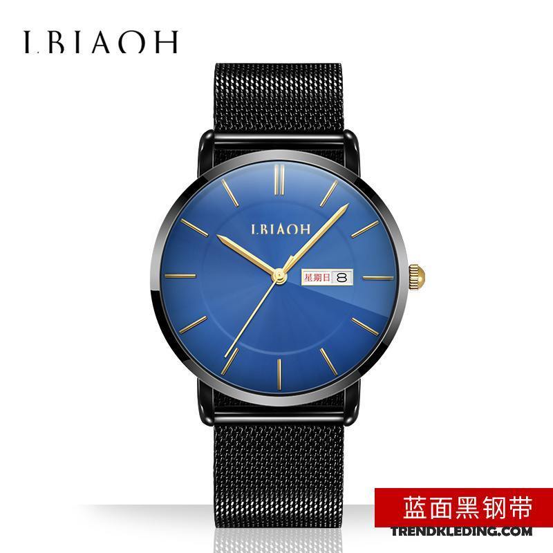 Horloge Heren Nieuw Echt Leer Dubbele Kalender Quartz Horloge Trend Mode Blauw Zwart