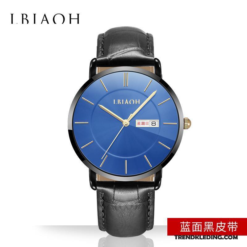 Horloge Heren Nieuw Echt Leer Dubbele Kalender Quartz Horloge Trend Mode Blauw Zwart