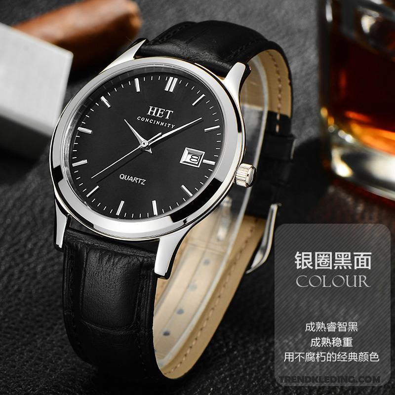 Horloge Heren Quartz Horloge Riem Mode Casual Echte Kalender Zilver Zwart