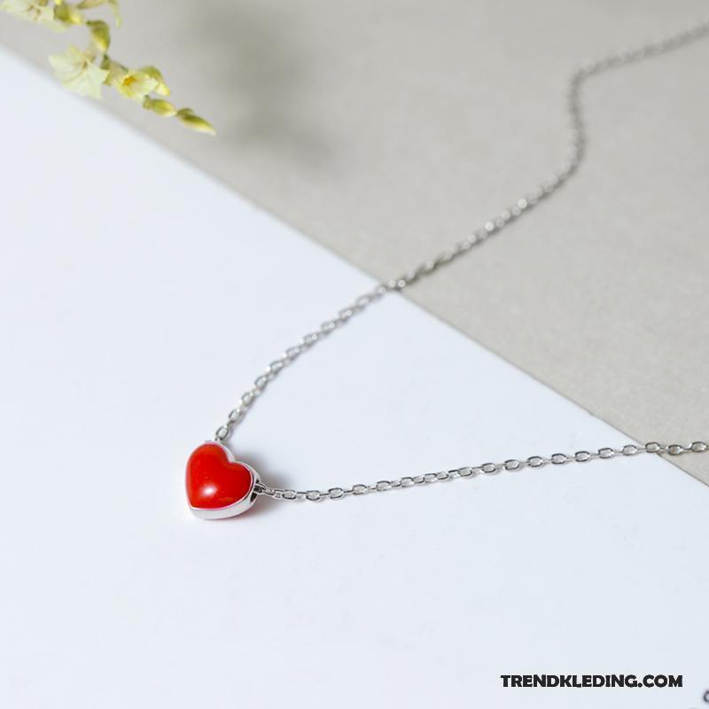 Ketting Dames Hart Liefde Mini Hanger Eenvoudig Zuiver Zilver Rood Goud