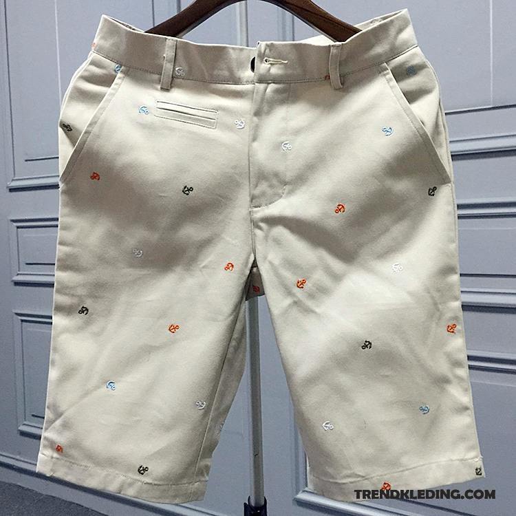 Korte Broek Heren Rechtdoor Zomer Casual Broek Borduurwerk Slim Fit Jeugd Zandkleur Wit Beige