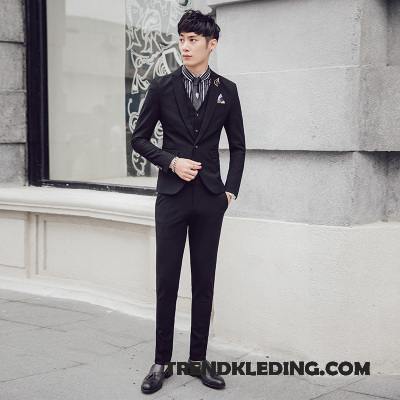 Kostuum Pak Heren Slim Fit Huwelijk Bruiloft Trend Geklede Mooi Zwart