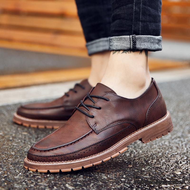 Leren Schoenen Heren Mannen Voorjaar Bootschoenen Casual Jeugd Kant Zwart