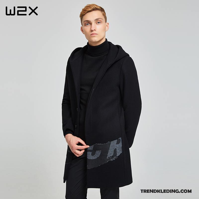 Mantel Heren Casual Winter Wol Lang Wollen Doek Slim Fit Zwart