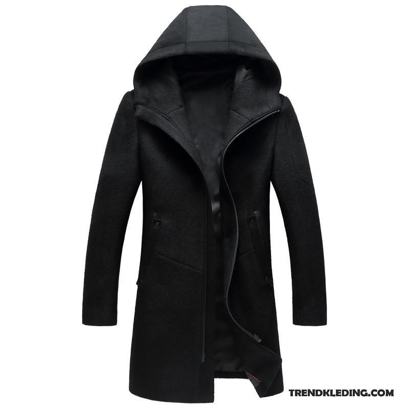 Mantel Heren Jas Trenchcoat Wollen Doek Lang Hoodie Overjas Grijs