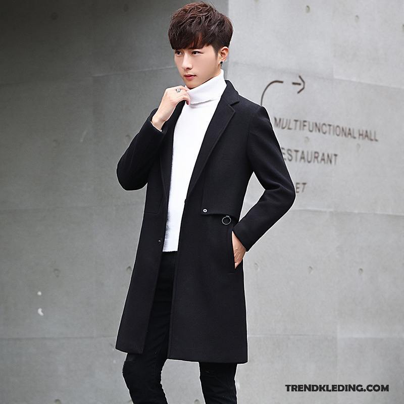 Mantel Heren Lang Jeugd Jas Wol Winter Trenchcoat Slim Fit Zwart