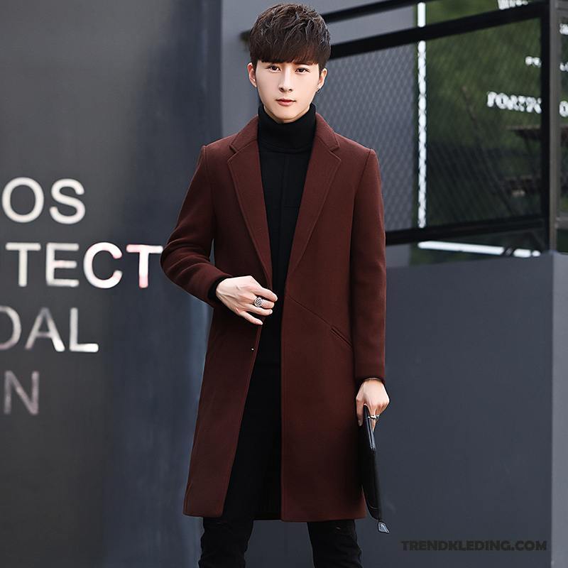 Mantel Heren Lang Jeugd Jas Wol Winter Trenchcoat Slim Fit Zwart