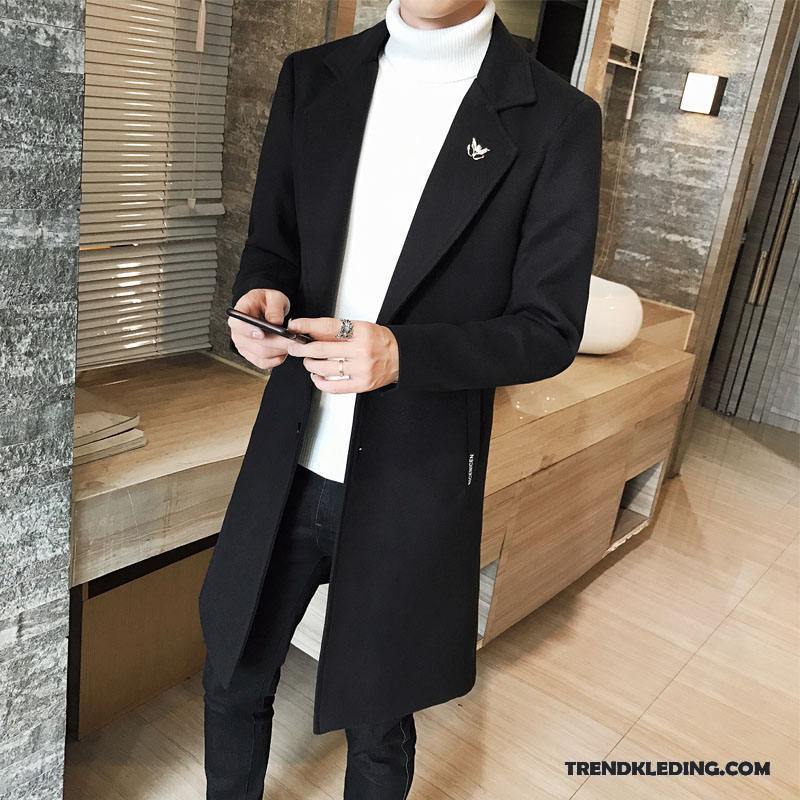 Mantel Heren Overjas Slim Fit Wollen Doek Trenchcoat Lang Jas Wol Grijs