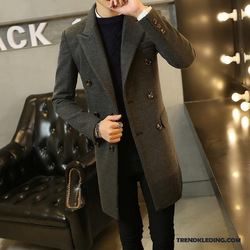 Mantel Heren Slim Fit Casual Trenchcoat Jeugd Wollen Doek Lang Grijs