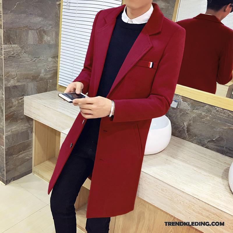 Mantel Heren Voorjaar Lang Trenchcoat Slim Fit Mannelijk Jeugd Effen Kleur Rood